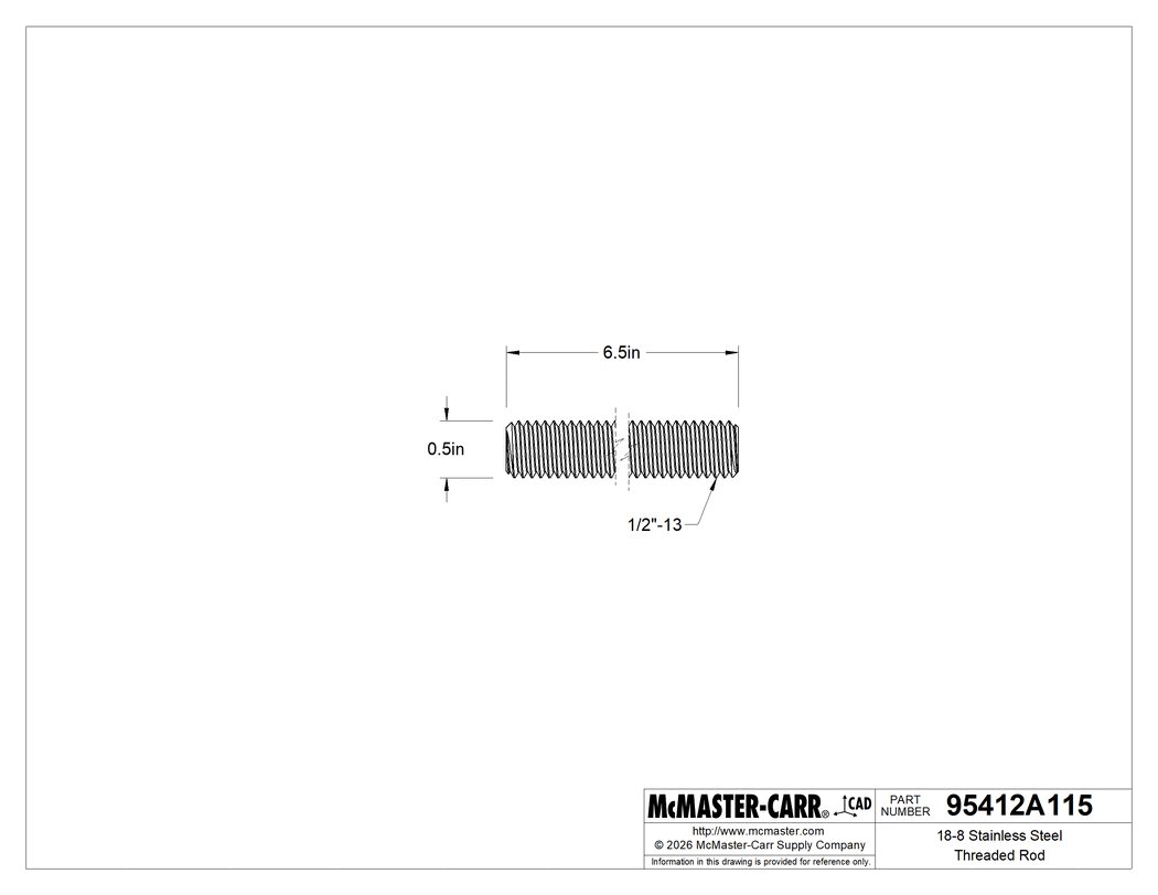 Technical Drawing of 18-8 Stainless Steel Threaded Rod, 1/2"-13 Thread Size, 6-1/2" Long.